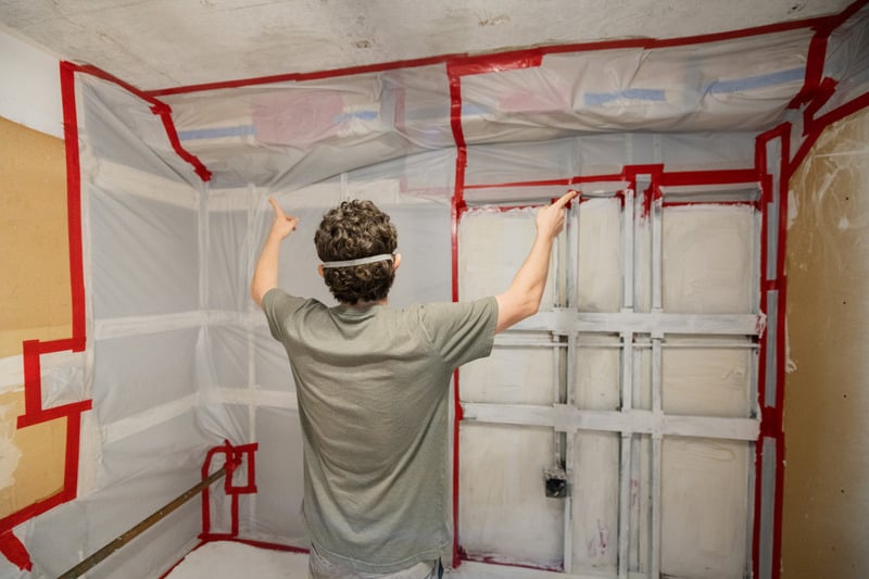 Containment sheeting set up inside a room for remediation work.